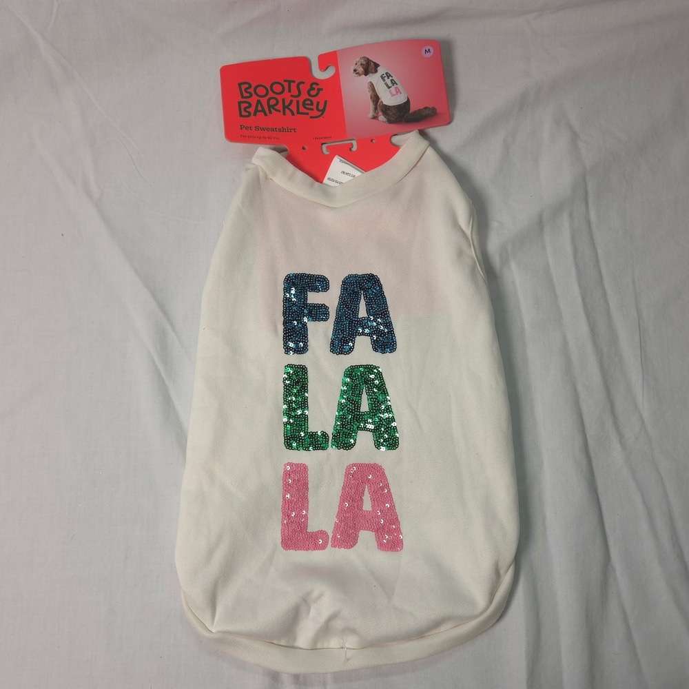 Boots & Barkley White Sequin FALALA Pet Sweatshirt Dog Clothes Size Medium
